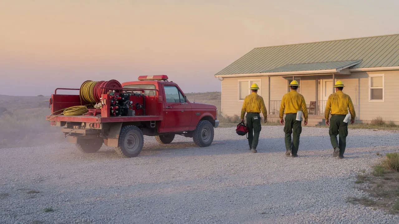 Illustration: a wildland fire engine in a wide gravel driveway beside a prepared house, crew walking the property
